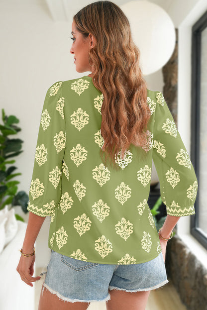 Green Damask Floral Print Contrast V Neck 3/4 Sleeve Blouse