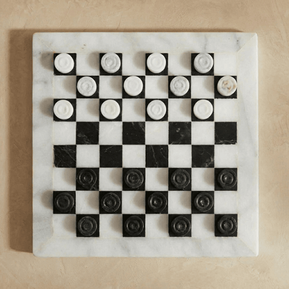 Marble Checkers Set with Storage Case - White and Black