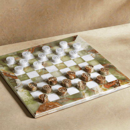 Marble Checkers Set with Storage Case - Onyx and White