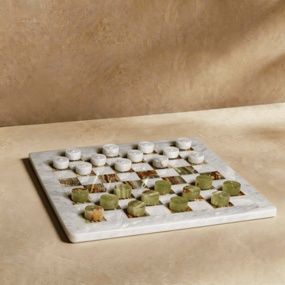 Marble Checkers Set with Storage Case - White and Onyx