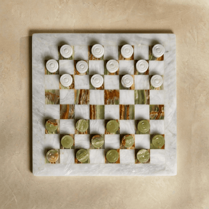 Marble Checkers Set with Storage Case - White and Onyx