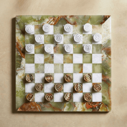 Marble Checkers Set with Storage Case - Onyx and White