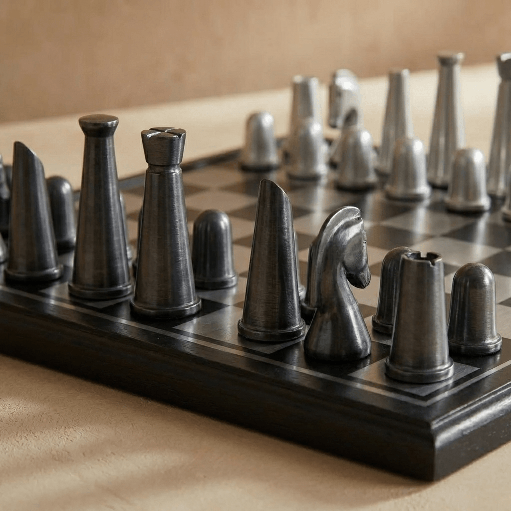 Art Deco Metallic Chess Set - Black and Silver Chess Set