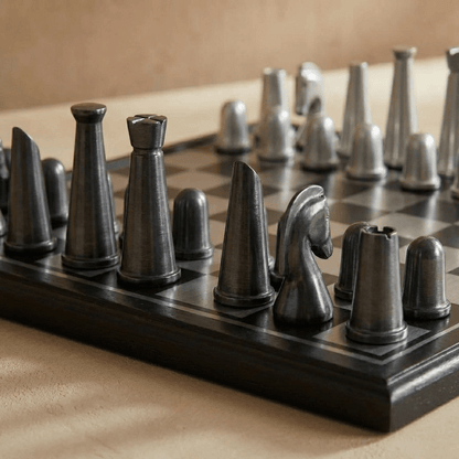 Art Deco Metallic Chess Set - Black and Silver Chess Set