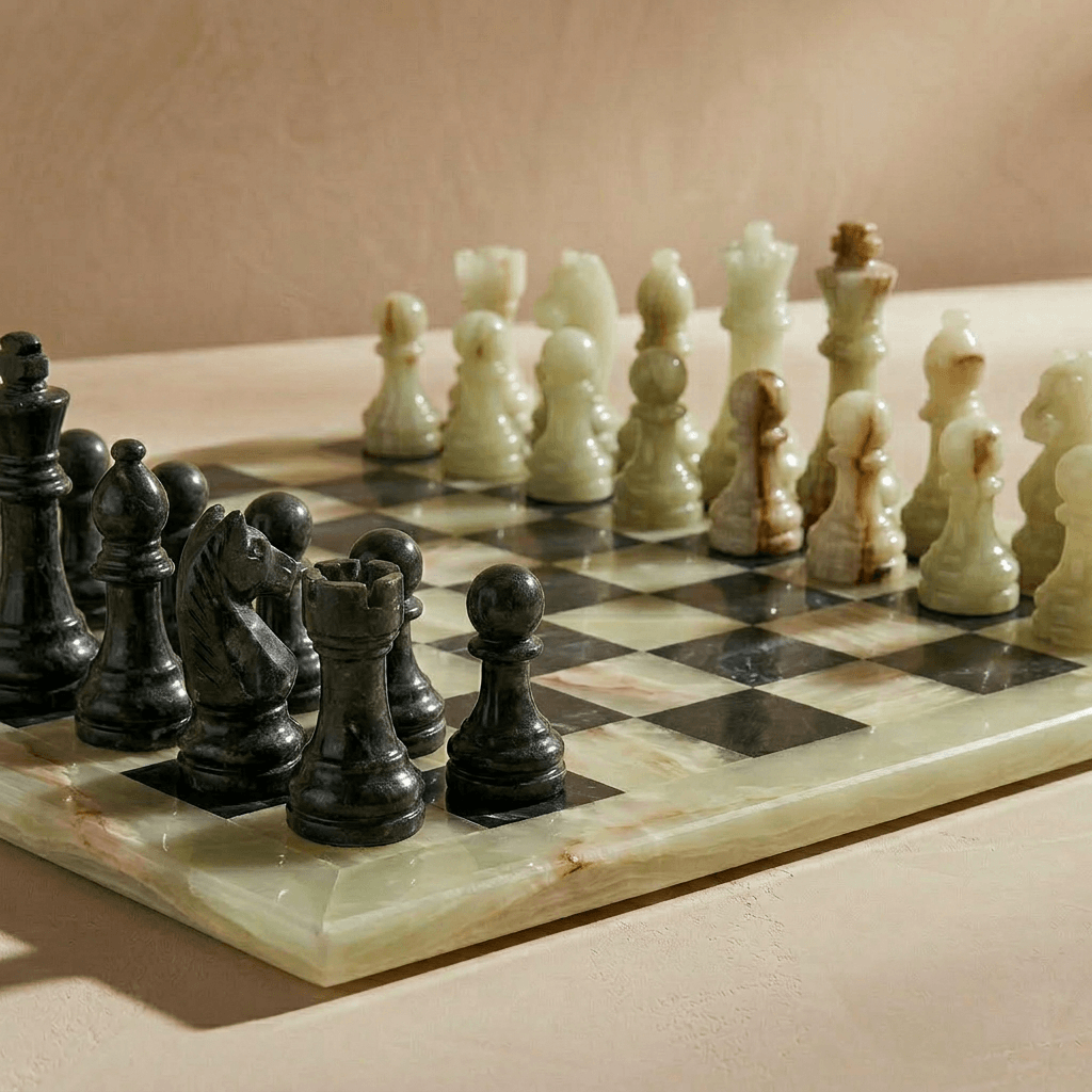 Marble Chess Set with Storage Case - Green Onyx and Black
