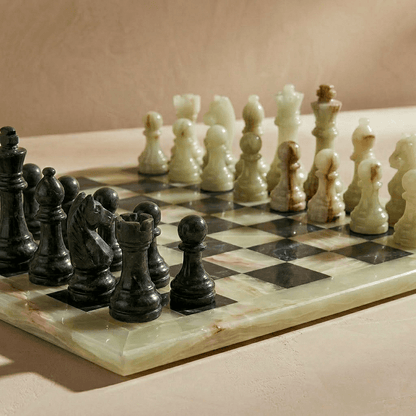 Marble Chess Set with Storage Case - Green Onyx and Black