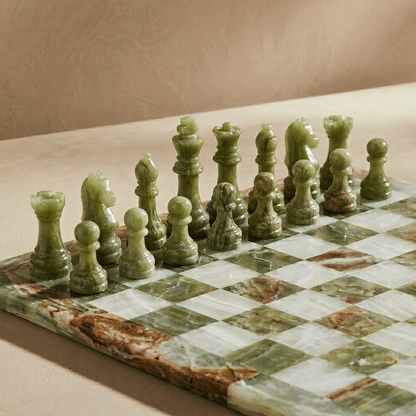 Marble Chess Set with Storage Case - Green Onyx and White