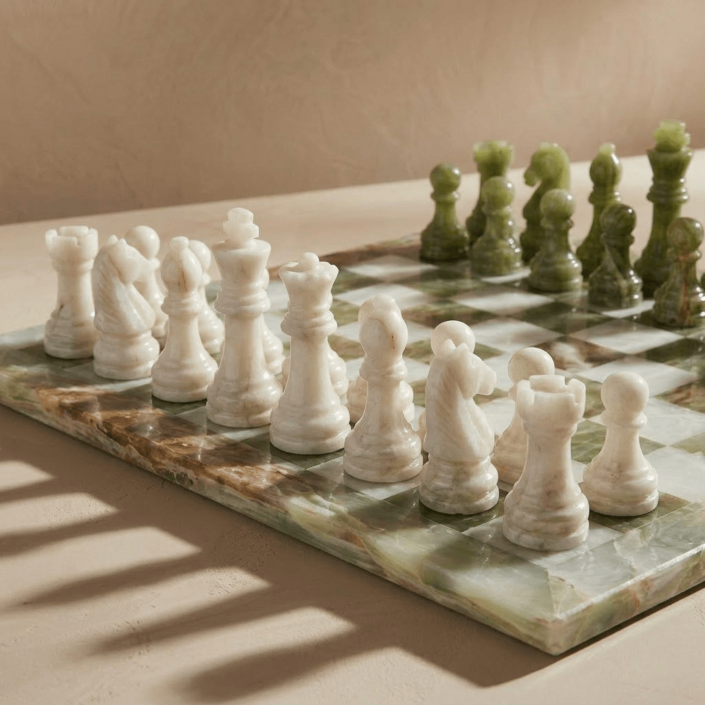 Marble Chess Set with Storage Case - Green Onyx and White