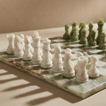 Marble Chess Set with Storage Case - Green Onyx and White