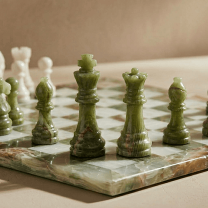 Marble Chess Set with Storage Case - Green Onyx and White