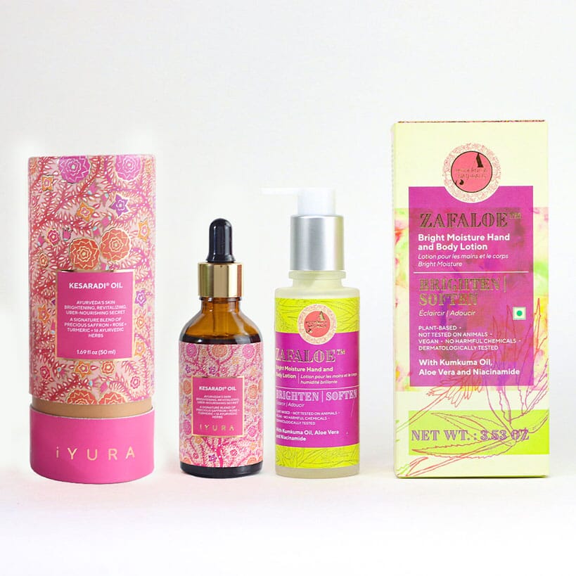 Saffron and Turmeric Body and Face Moisturizing Duo - Zafaloe Bright Moisture Hand and Body Lotion and Kesaradi Face Oil