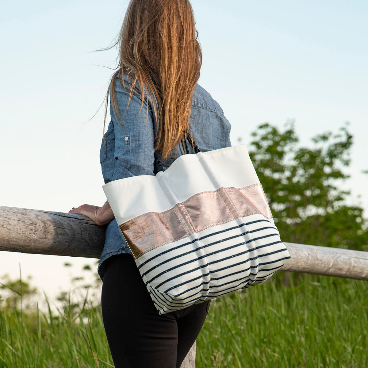 Rose Gold-on-Navy Mariner Stripe Large Tote