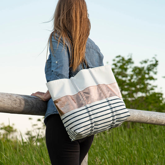 Rose Gold-on-Navy Mariner Stripe Large Tote