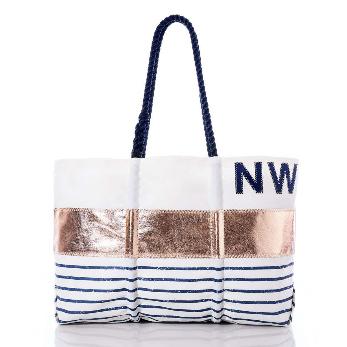 Custom Monogram Rose Gold-on-Navy Mariner Stripe Large Tote