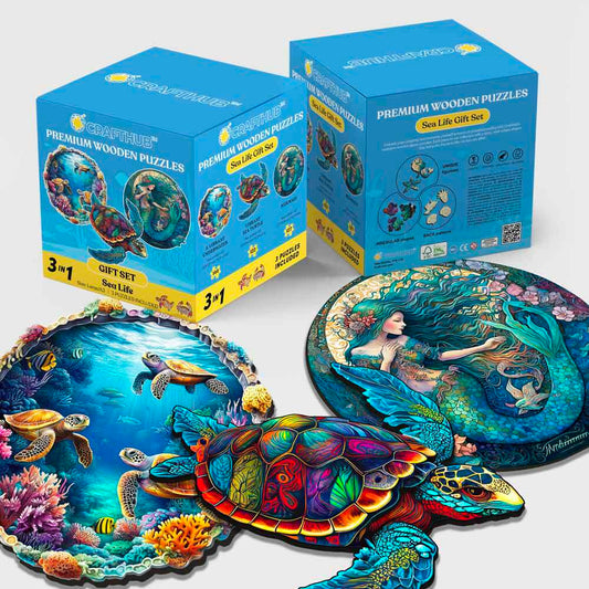 3-Pack Sea Life - Wooden Jigsaw Puzzle Gift Set