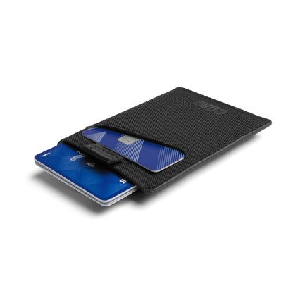 Black cardholder with blue cards on a white background
